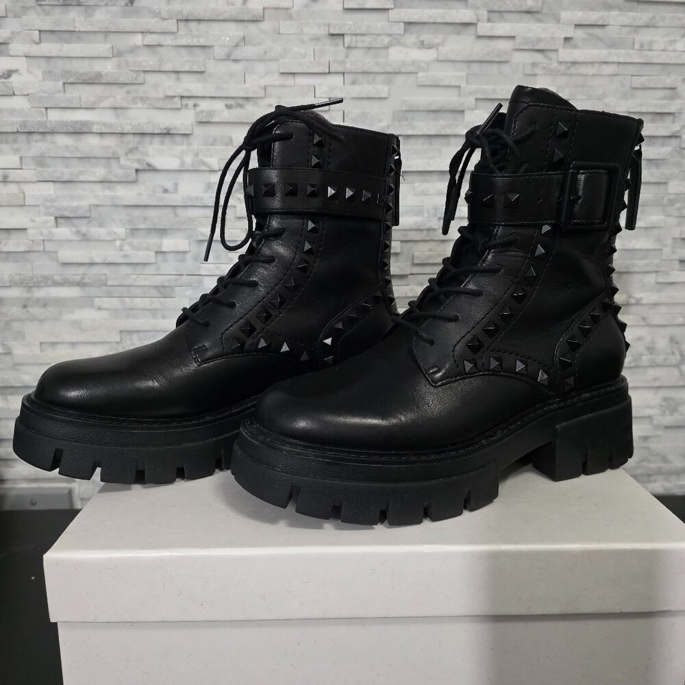 ASH LUCAS STUDDED LEATHER COMBAT BOOTS WOMEN'S 37/7 US BLSCK BACK ZIP